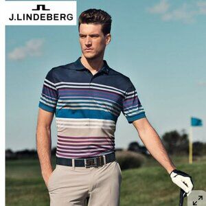 J.Lindeberg Men's Polo Shirt Navy & Multicolour Stripes Size Large